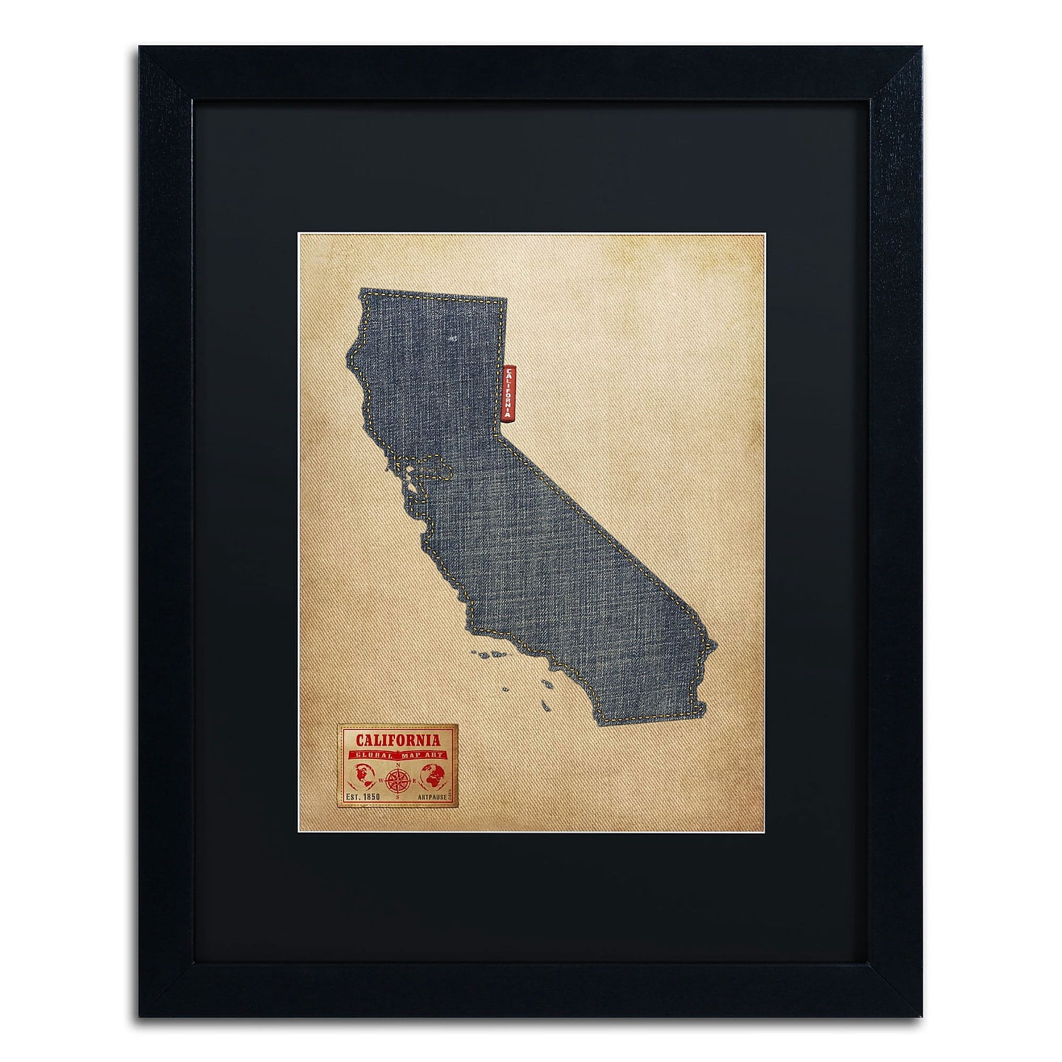 Trademark Fine Art "California Map Denim Jeans Style" Canvas Art by Michael Tompsett, Black Matte, Black Frame