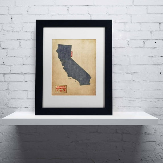 Trademark Fine Art "California Map Denim Jeans Style" Canvas Art by Michael Tompsett, White Matte, Black Frame