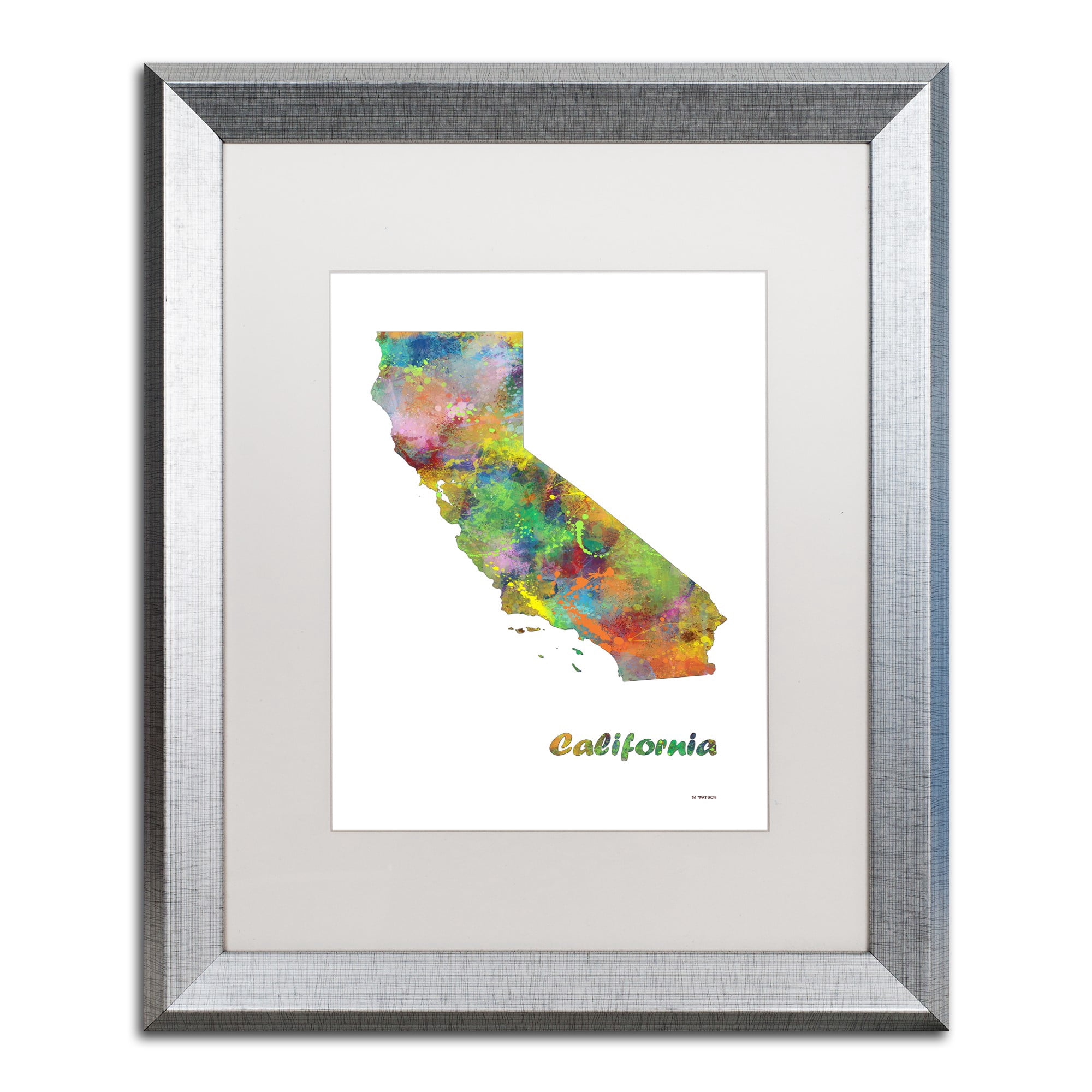 Trademark Fine Art "California State Map-1" Canvas Art by Marlene Watson, White Matte, Silver Frame