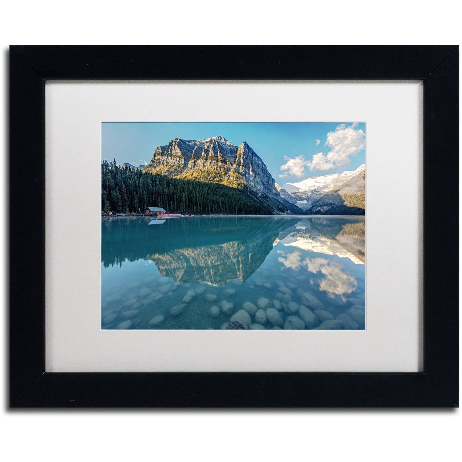 Trademark Fine Art 'Calm Lake Louise Morning' Canvas Art by Pierre Leclerc, White Matte, Black Frame