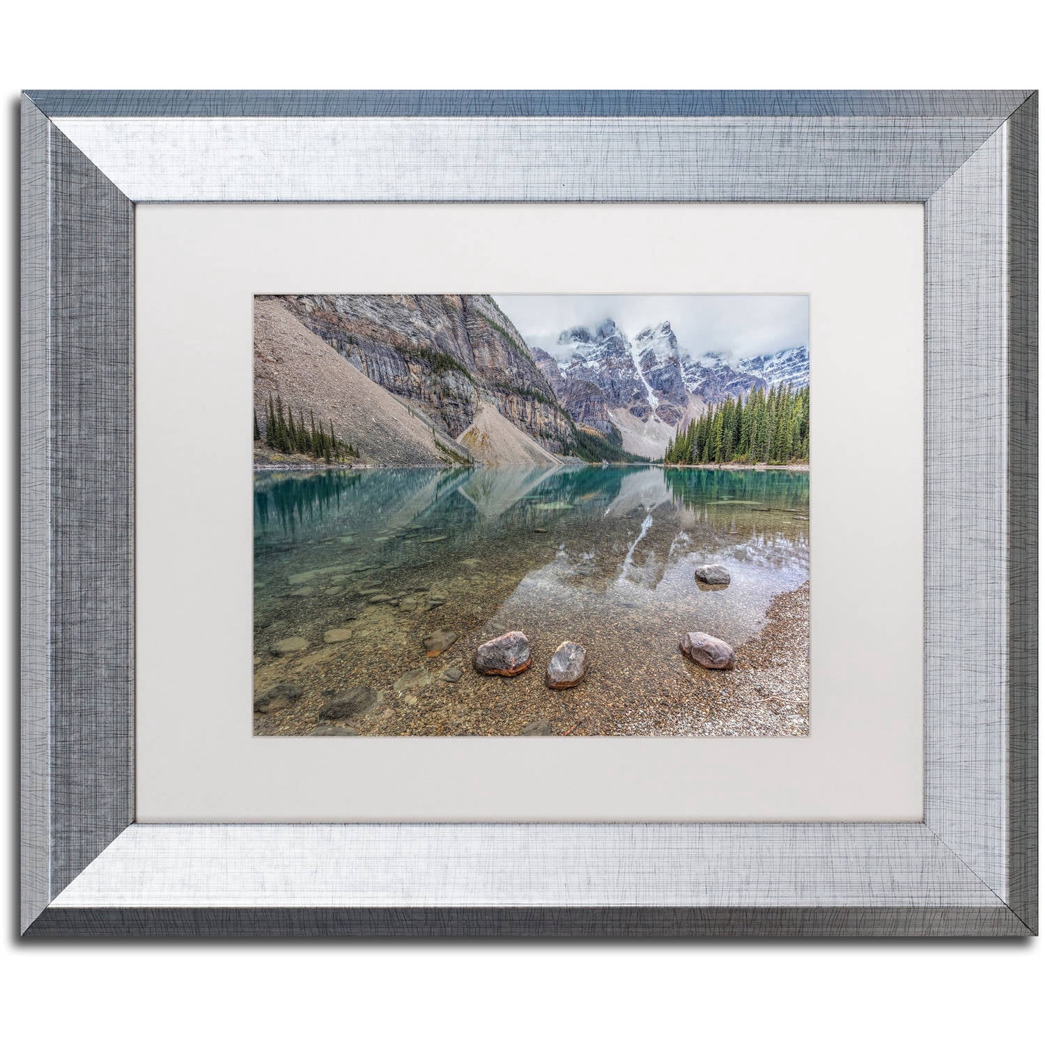 Trademark Fine Art 'Calm Moraine Lake ' Canvas Art by Pierre Leclerc, White Matte, Silver Frame