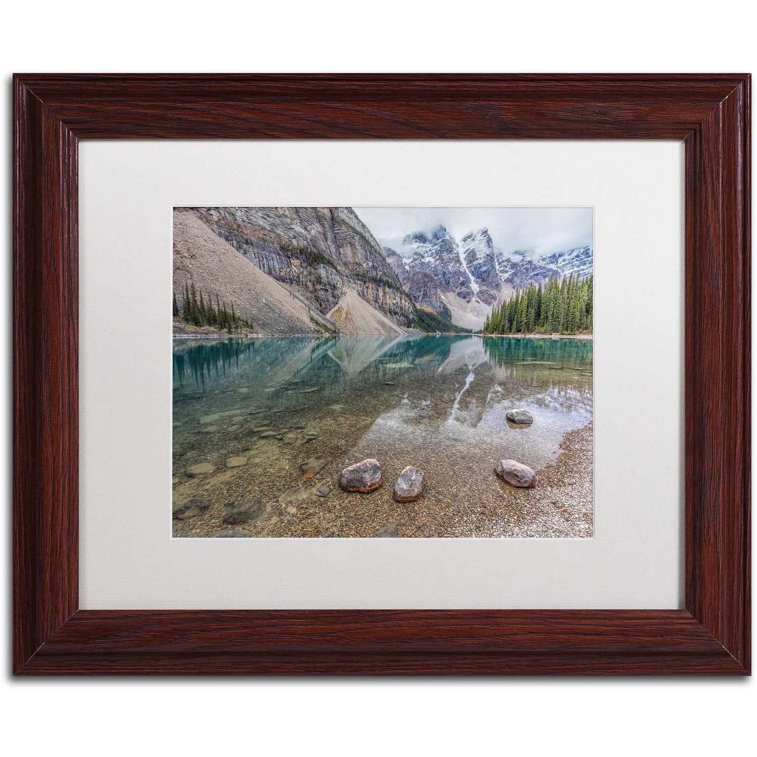 Trademark Fine Art 'Calm Moraine Lake ' Canvas Art by Pierre Leclerc, White Matte, Wood Frame
