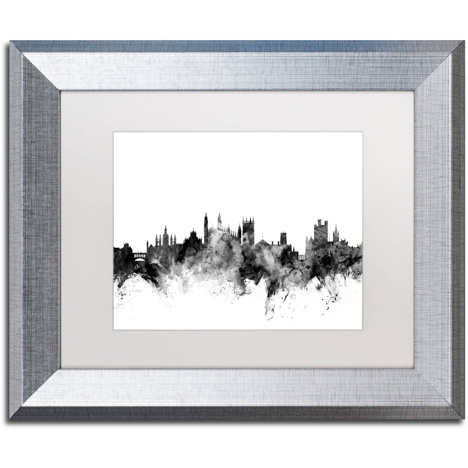 Trademark Fine Art 'Cambridge England Skyline B&W' Canvas Art by Michael Tompsett White Matte, Silver Frame