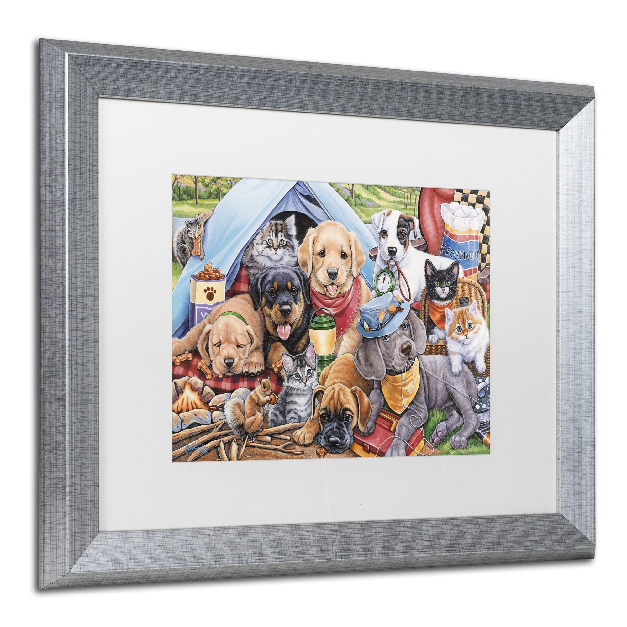 Trademark Fine Art 'Camping Buddies' Canvas Art by Jenny Newland, White Matte, Silver Frame