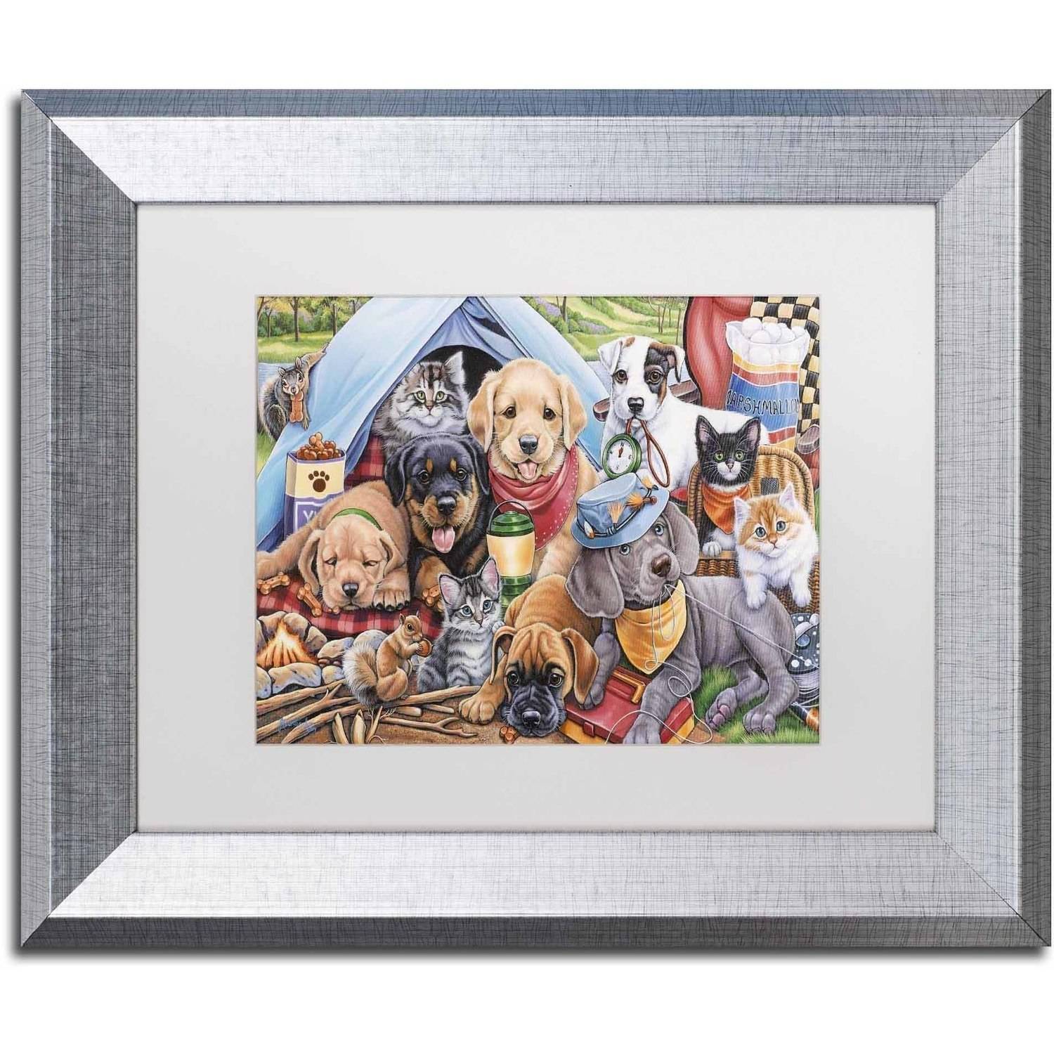 Trademark Fine Art 'Camping Buddies' Canvas Art by Jenny Newland, White Matte, Silver Frame