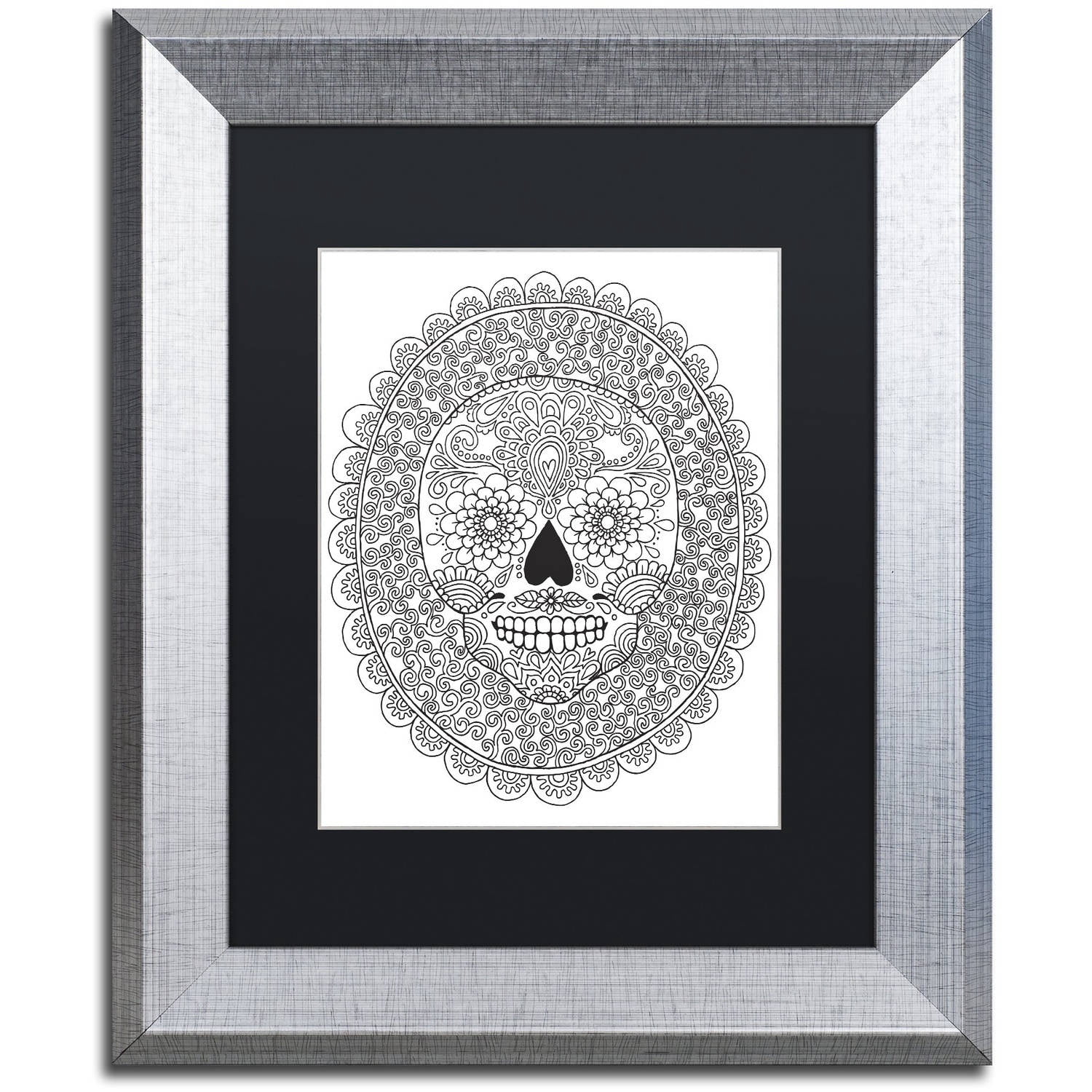 Trademark Fine Art "Candy Skull" Canvas Art by Hello Angel, Black Matte, Silver Frame