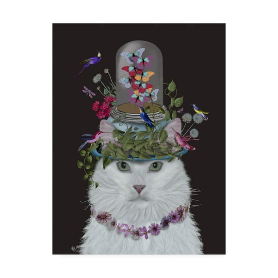 Trademark Fine Art 'Cat, White With Butterfly Bell Jar, On Black' Canvas Art by Fab Funky