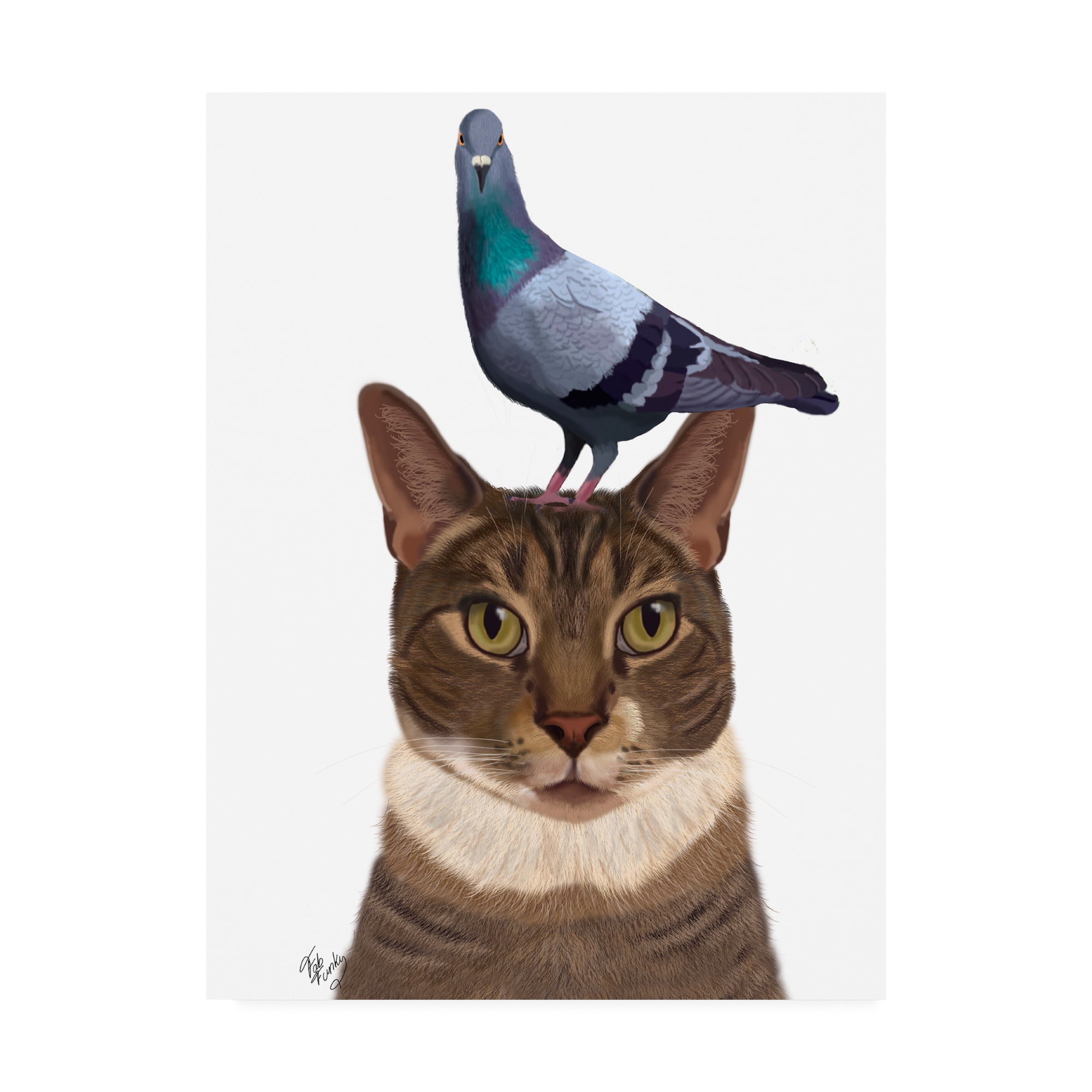 Trademark Fine Art 'Cat With Pigeon On Head' Canvas Art by Fab Funky