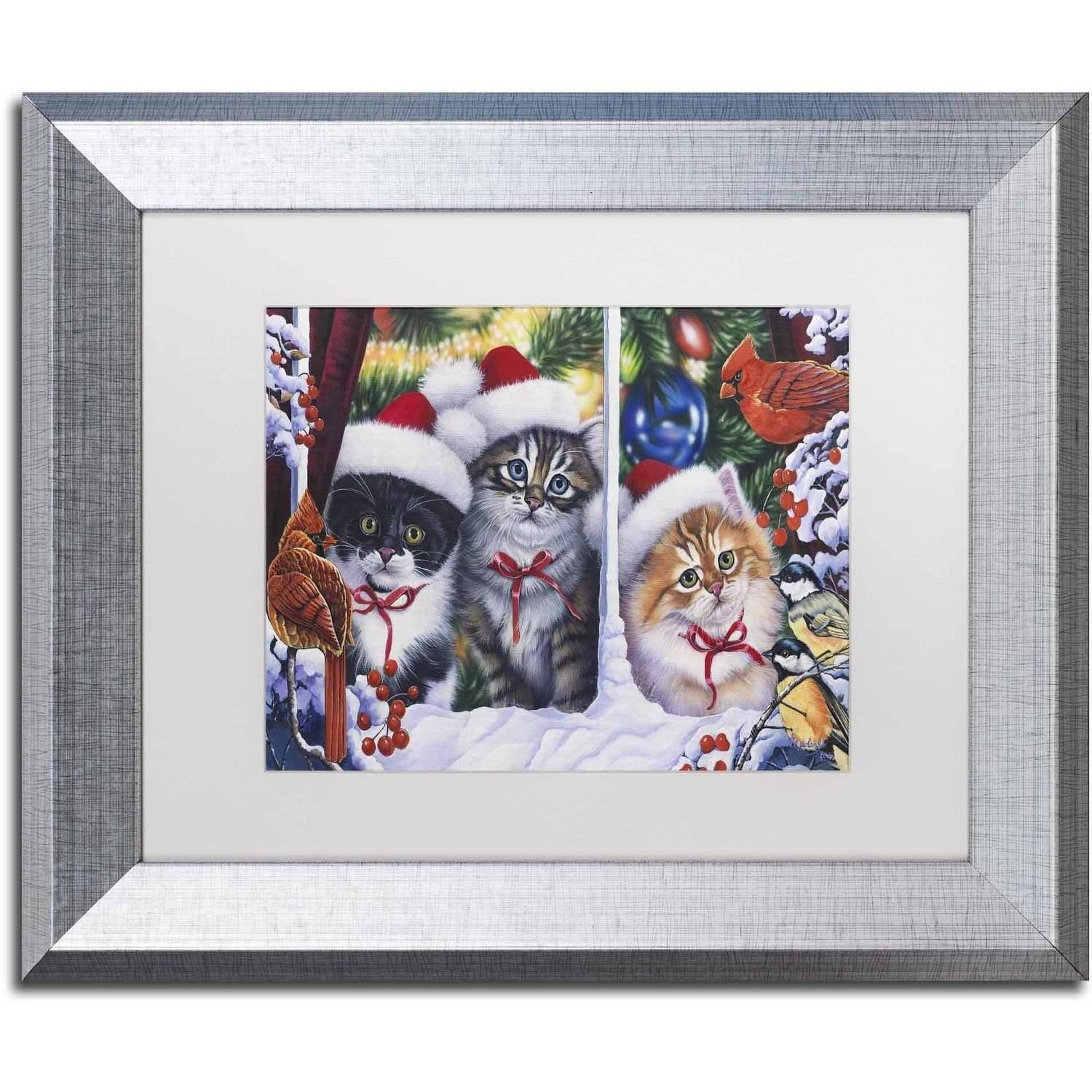 Cats in Window Holiday Scene Silver Framed Canvas Art
