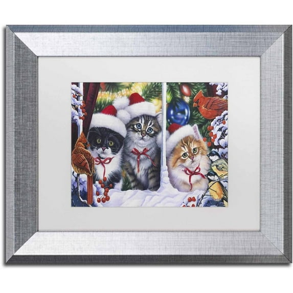 Trademark Fine Art 'Cats In Window' Canvas Art by Jenny Newland, White Matte, Silver Frame