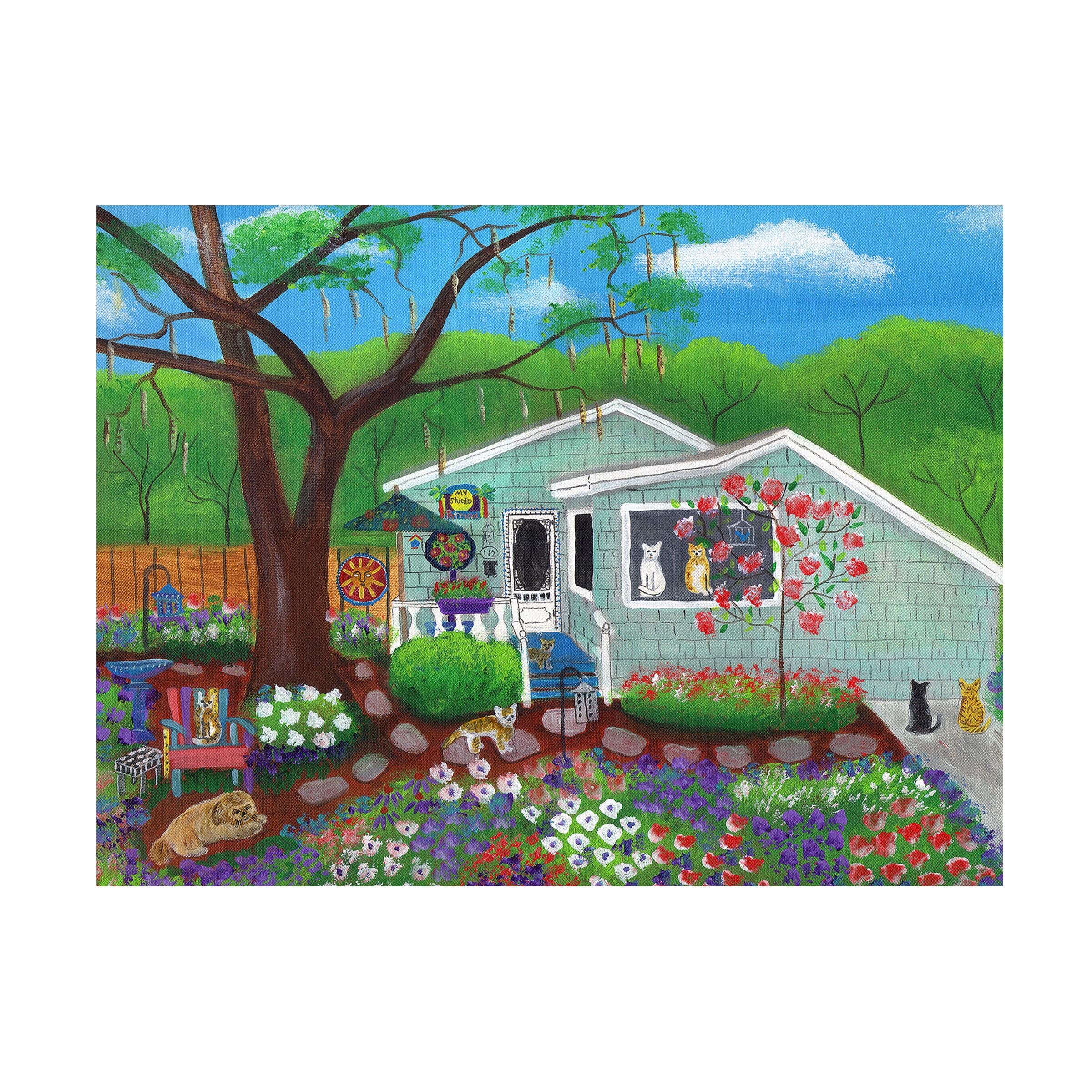 Trademark Fine Art 'Cats and Dog at Garden Folk Art House' Canvas Art by Cheryl Bartley