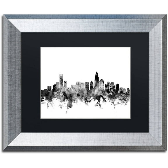 Trademark Fine Art "Charlotte NC Skyline B&W" Canvas Art by Michael Tompsett, Black Matte, Silver Frame