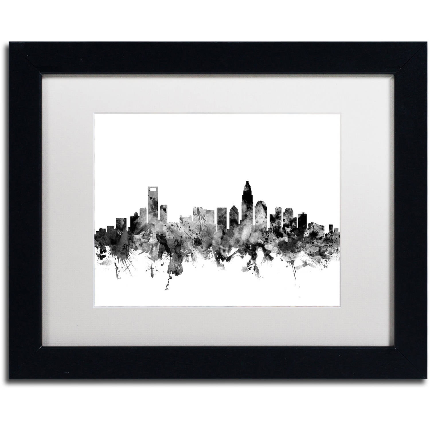 Trademark Fine Art "Charlotte NC Skyline B&W" Canvas Art by Michael Tompsett, White Matte, Black Frame