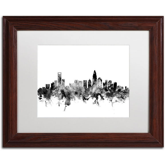Trademark Fine Art "Charlotte NC Skyline B&W" Canvas Art by Michael Tompsett, White Matte, Wood Frame
