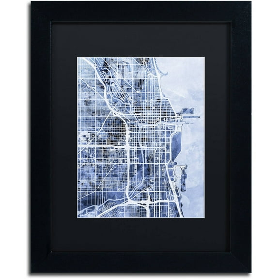 Trademark Fine Art "Chicago City Street Map B&W" Canvas Art by Michael Tompsett, Black Matte, Black Frame