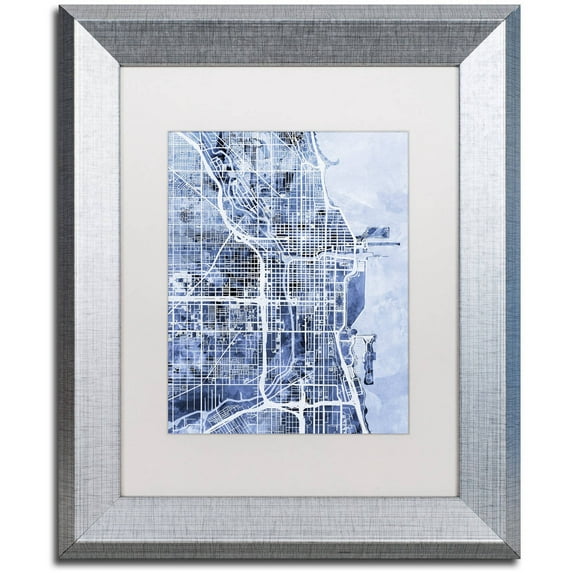 Trademark Fine Art "Chicago City Street Map B&W" Canvas Art by Michael Tompsett, White Matte, Silver Frame