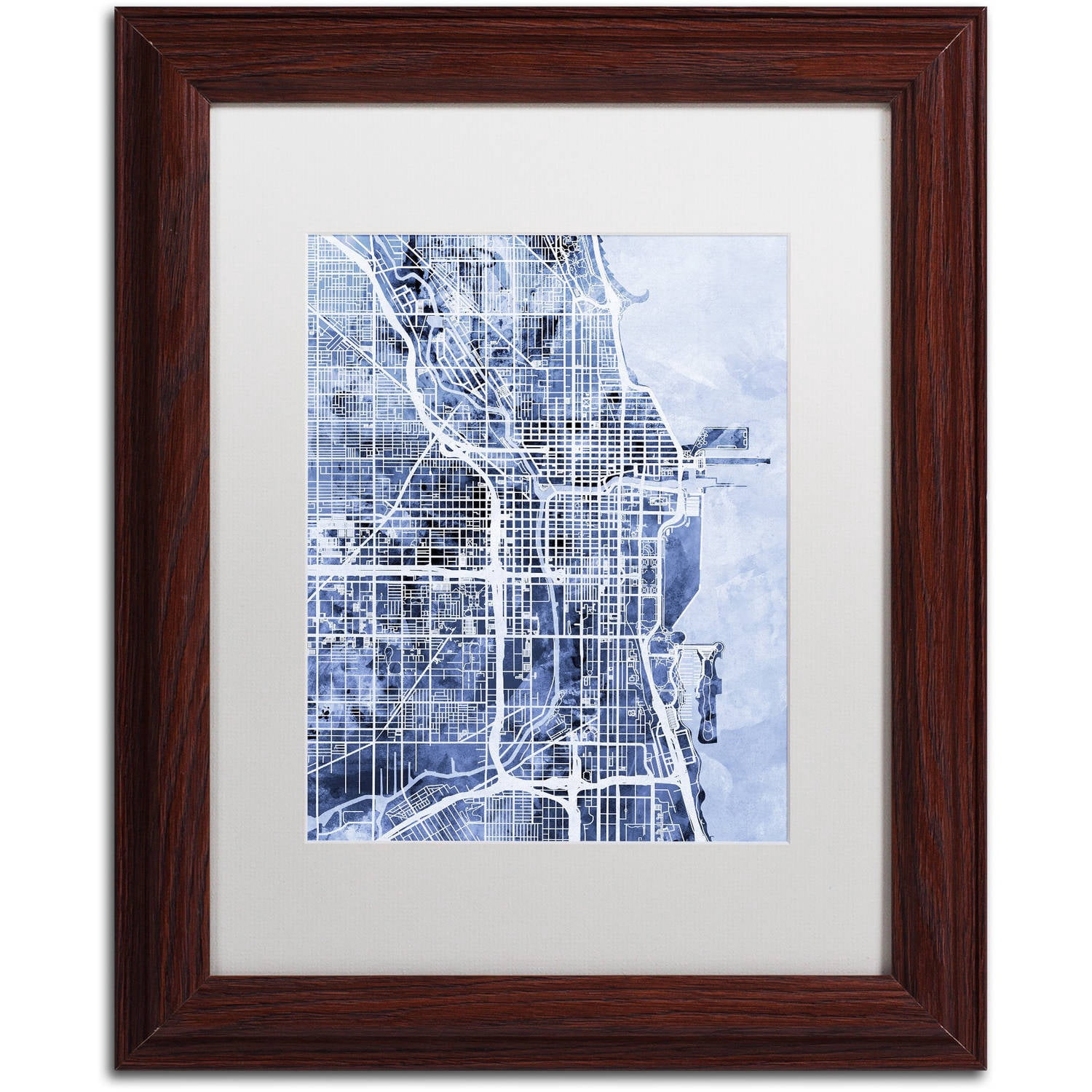 Trademark Fine Art "Chicago City Street Map B&W" Canvas Art by Michael Tompsett, White Matte, Wood Frame
