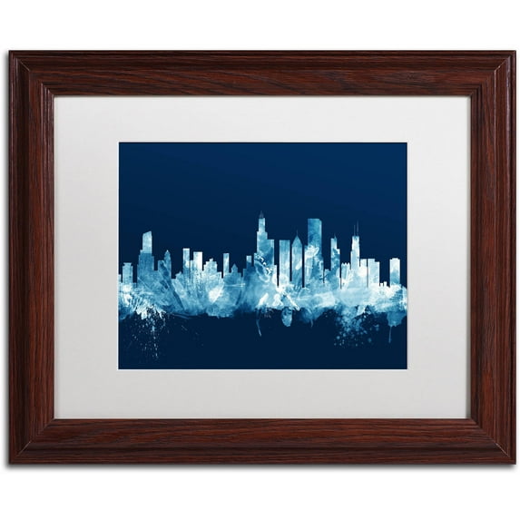 Trademark Fine Art "Chicago Illinois Skyline Navy" Canvas Art by Michael Tompsett, White Matte, Wood Frame