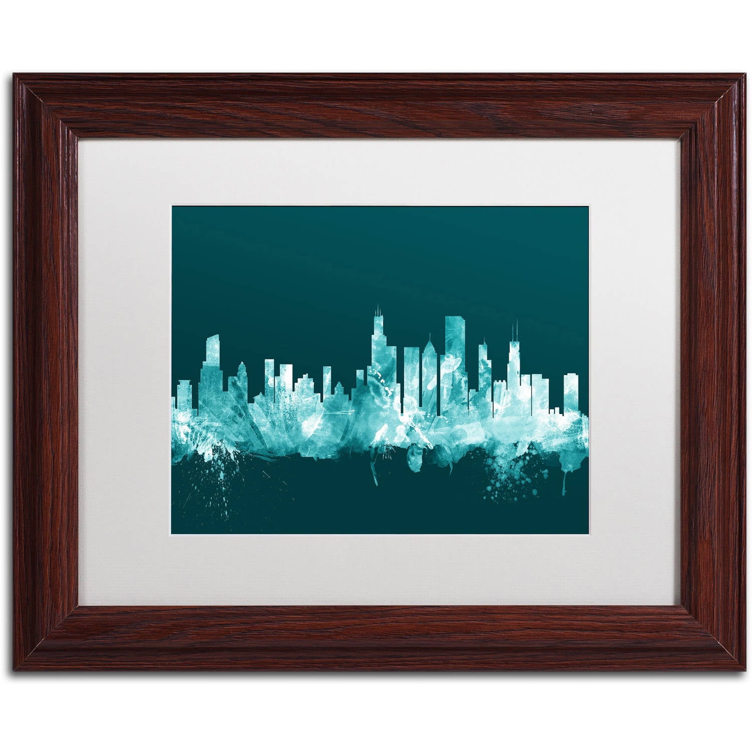 Trademark Fine Art "Chicago Illinois Skyline Teal" Canvas Art by Michael Tompsett, White Matte, Wood Frame