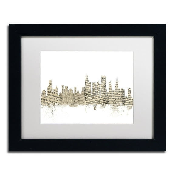 Trademark Fine Art "Chicago Skyline Sheet Music" Canvas Art by Michael Tompsett White Matte, Black Frame