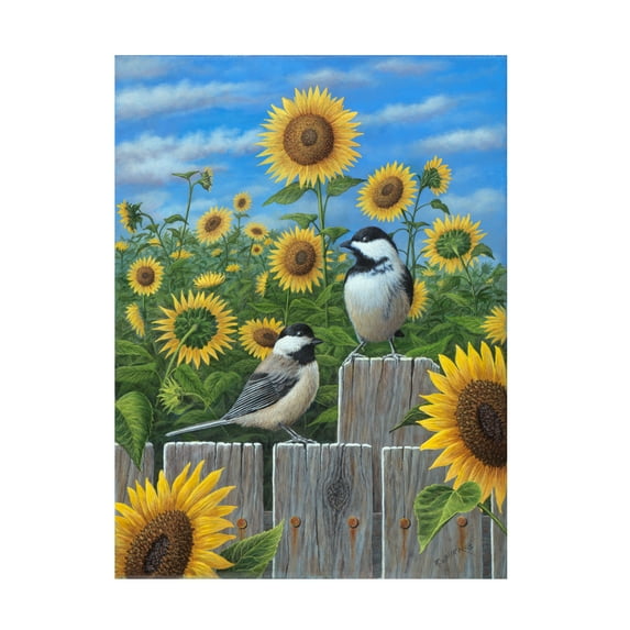 Trademark Fine Art 'Chickadees And Sunflowers' Canvas Art by Robert Wavra
