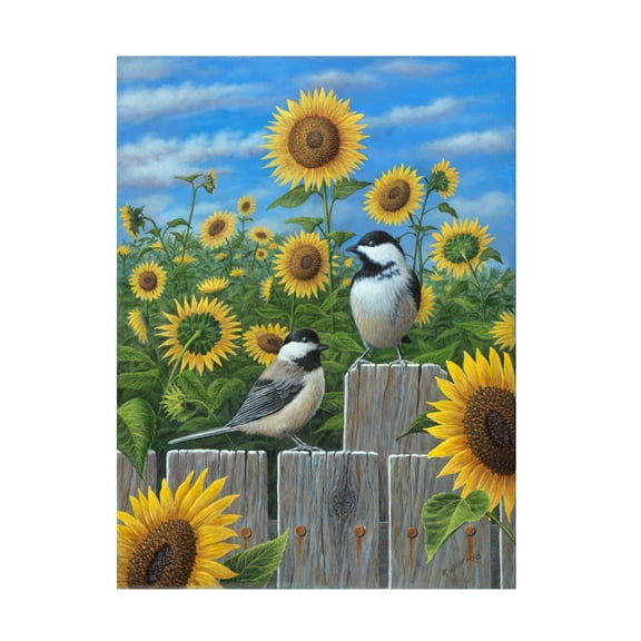 Trademark Fine Art 'Chickadees And Sunflowers' Canvas Art by Robert Wavra