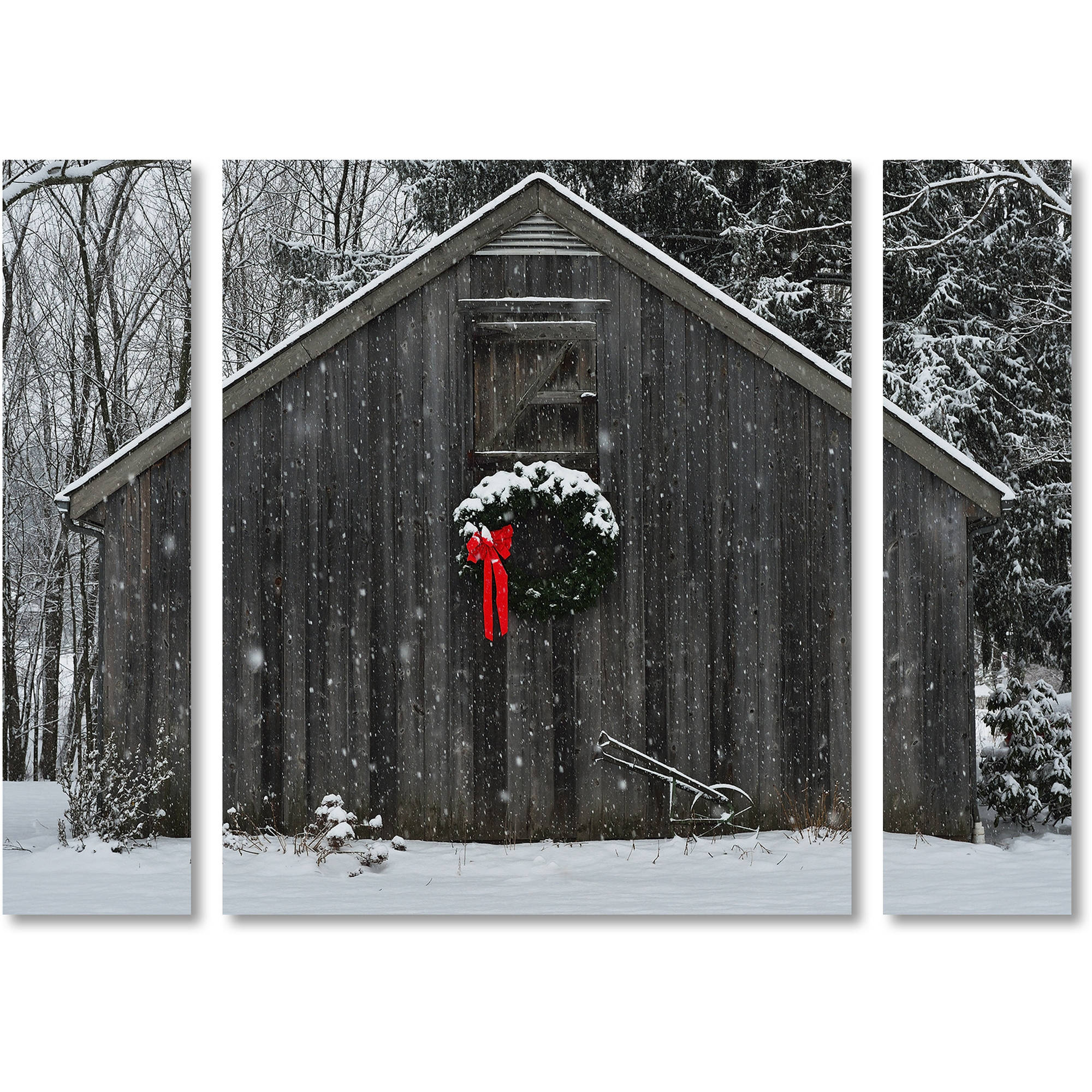 Trademark Fine Art "Christmas Barn in the Snow" Canvas Art by Kurt Shaffer Three Panel Set