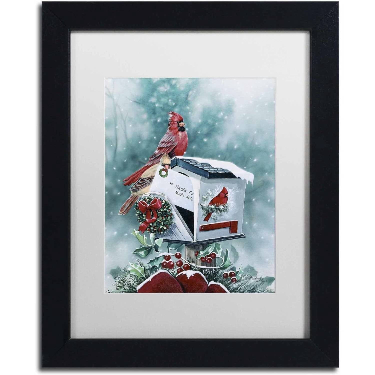 Trademark Fine Art 'Christmas Cardinals' Canvas Art by Jenny Newland, White Matte, Black Frame