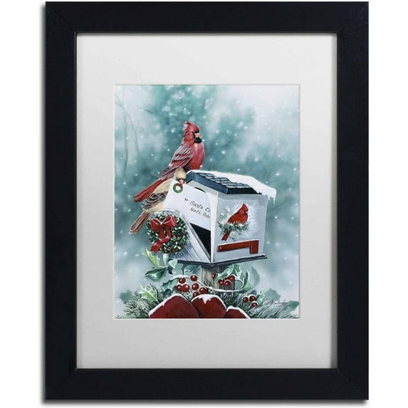 Trademark Fine Art 'Christmas Cardinals' Canvas Art by Jenny Newland, White Matte, Black Frame