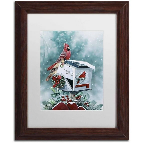 Trademark Fine Art 'Christmas Cardinals' Canvas Art by Jenny Newland, White Matte, Wood Frame