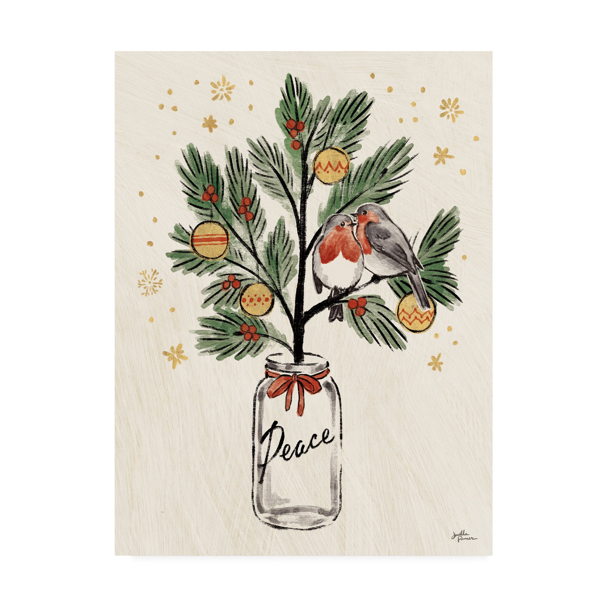 Christmas Lovebirds Pine Branches Canvas Art in Green and White