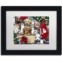 Trademark Fine Art 'Christmas Puppies On The Loose' Canvas Art by Jenny Newland, White Matte, Black Frame
