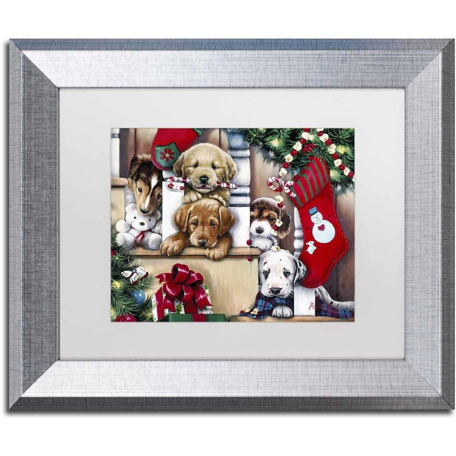Trademark Fine Art 'Christmas Puppies On The Loose' Canvas Art by Jenny Newland, White Matte, Silver Frame