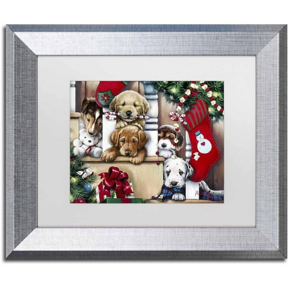 Trademark Fine Art 'Christmas Puppies On The Loose' Canvas Art by Jenny Newland, White Matte, Silver Frame
