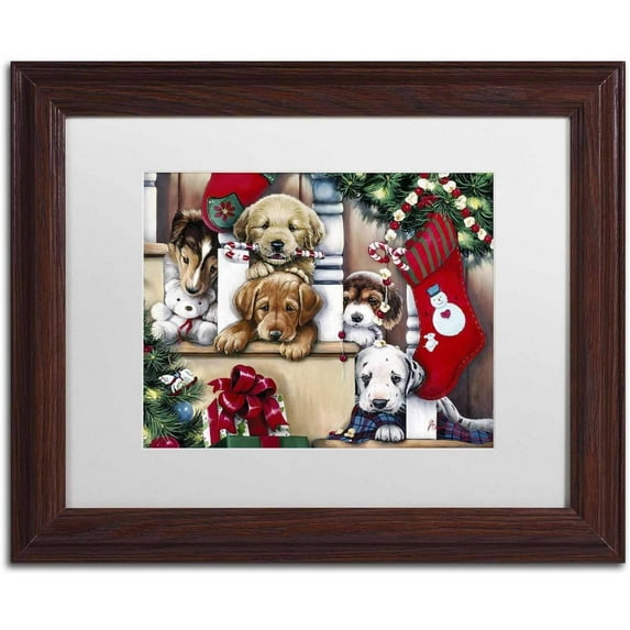 Trademark Fine Art 'Christmas Puppies On The Loose' Canvas Art by Jenny Newland, White Matte, Wood Frame