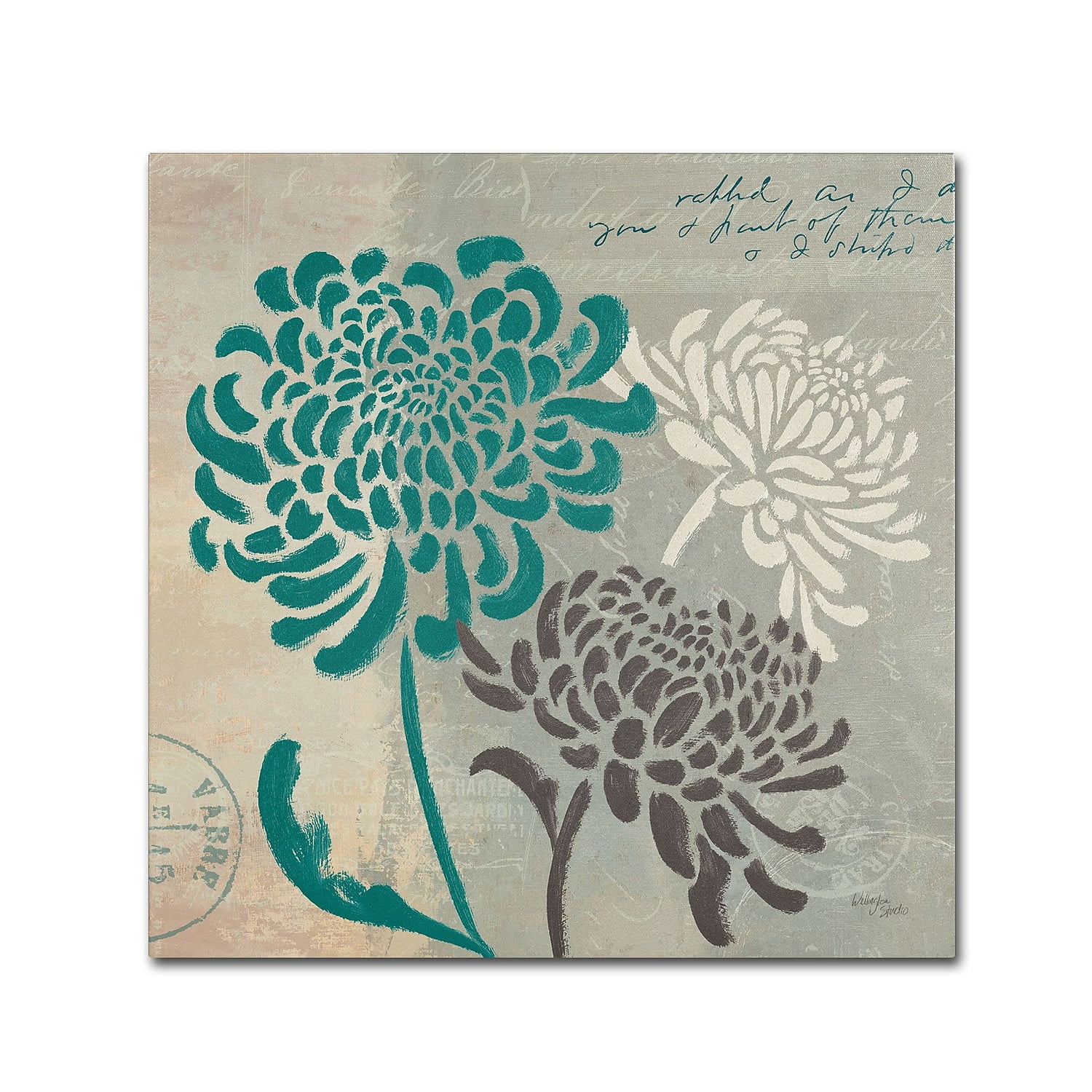 Teal and Gray Chrysanthemums Canvas Art, 18" x 18"