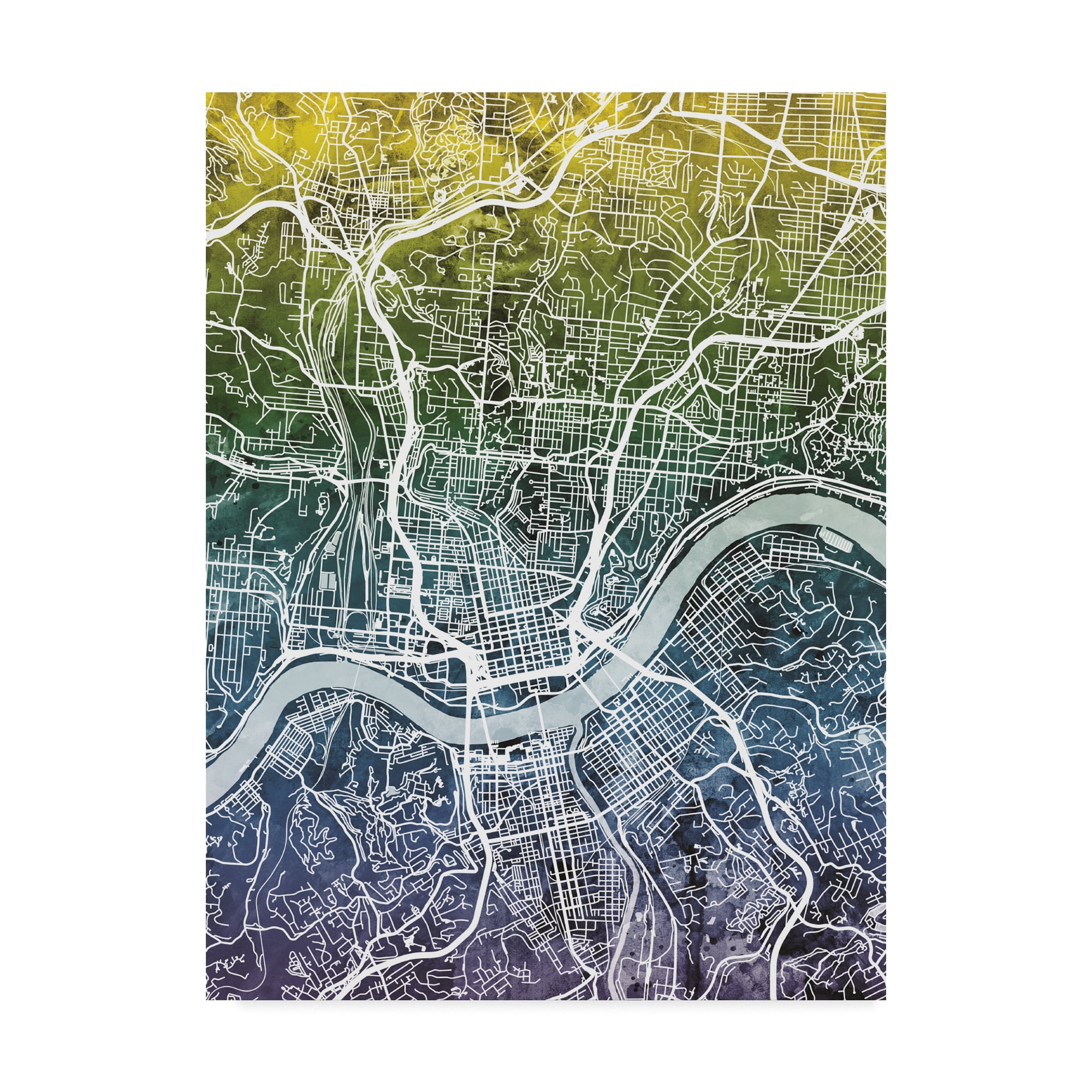 Trademark Fine Art 'Cincinnati Ohio City Map Blue Yellow' Canvas Art by Michael Tompsett