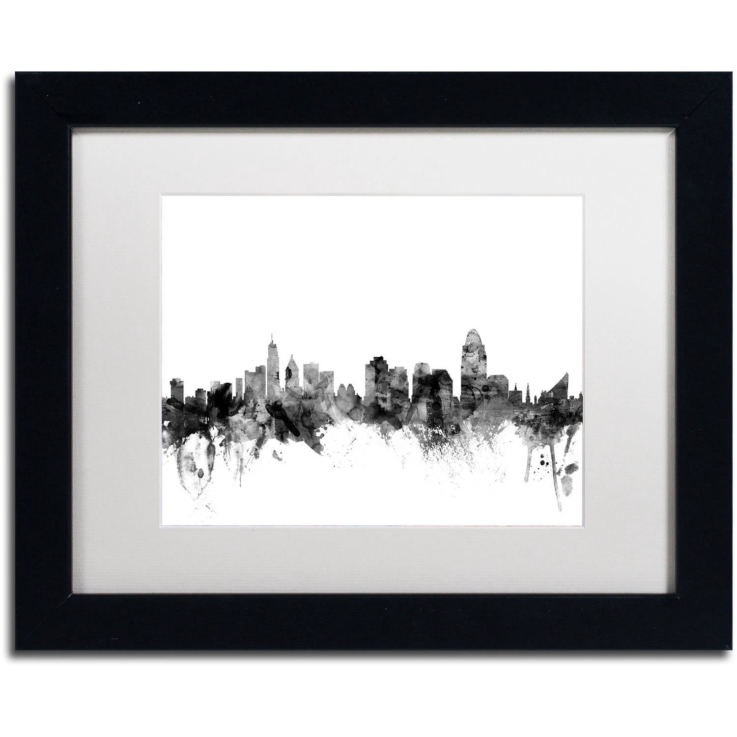 Trademark Fine Art "Cincinnati Ohio Skyline B&W" Canvas Art by Michael Tompsett, White Matte, Black Frame