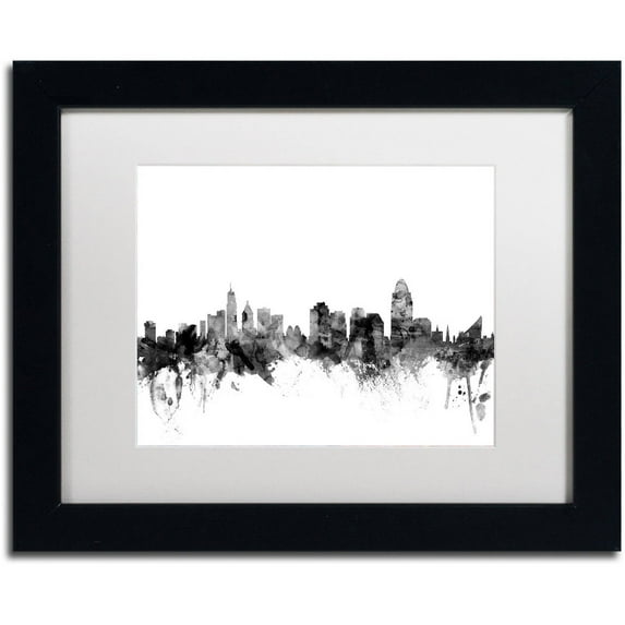 Trademark Fine Art "Cincinnati Ohio Skyline B&W" Canvas Art by Michael Tompsett, White Matte, Black Frame