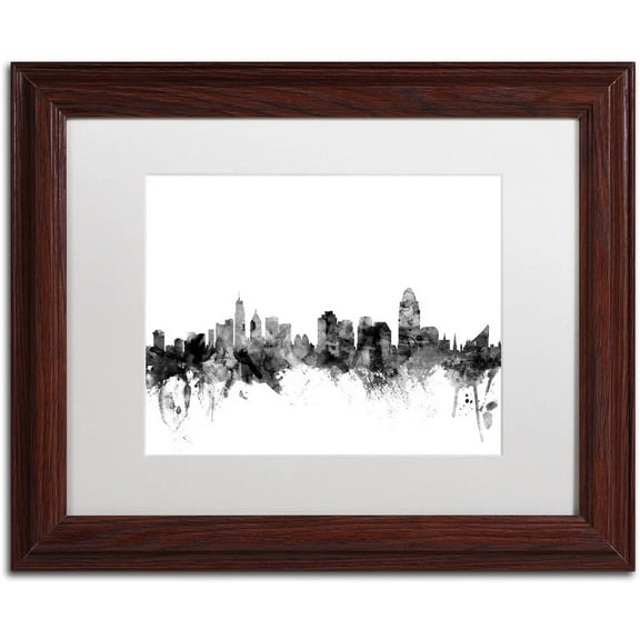 Trademark Fine Art "Cincinnati Ohio Skyline B&W" Canvas Art by Michael Tompsett, White Matte, Wood Frame