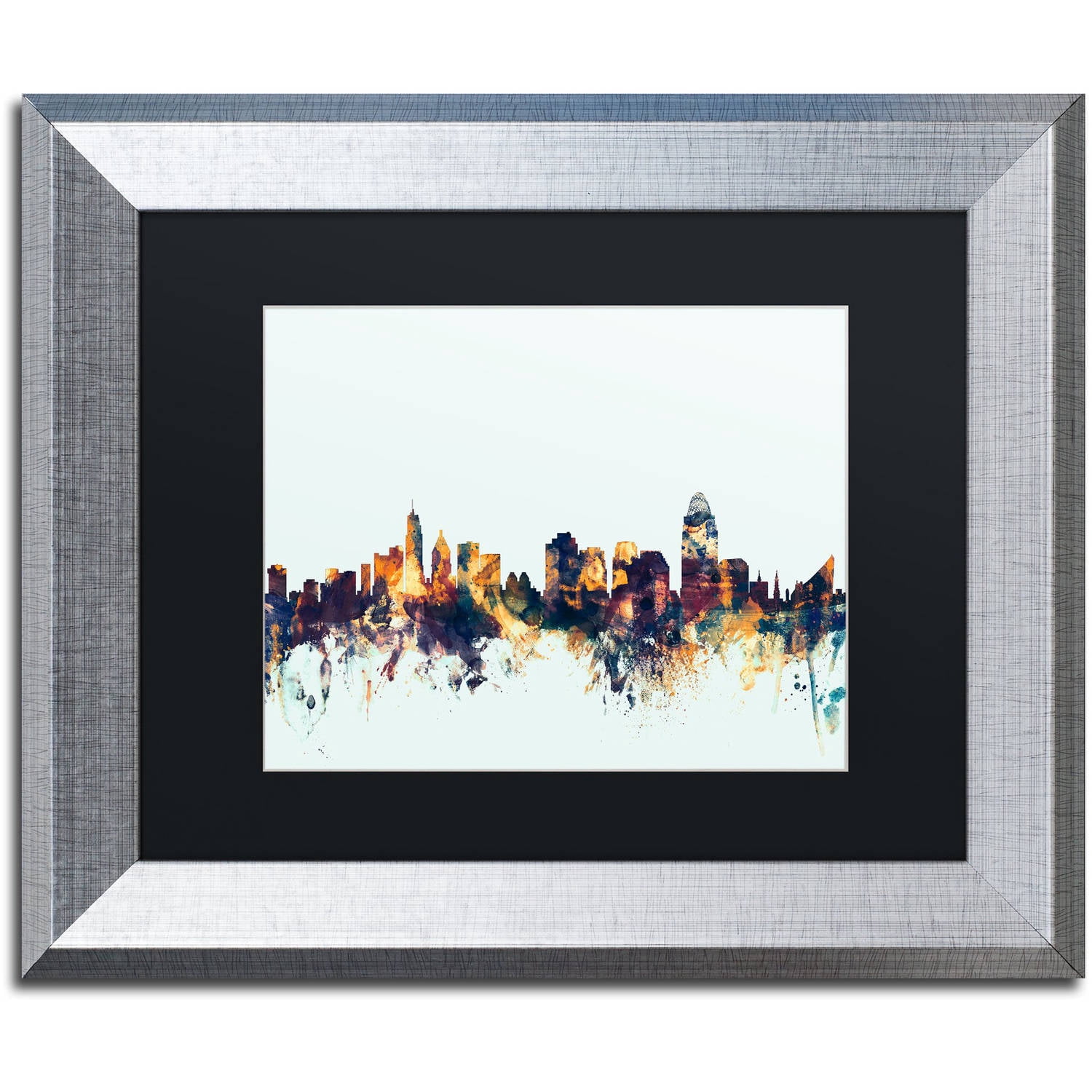 Trademark Fine Art "Cincinnati Ohio Skyline Blue" Canvas Art by Michael Tompsett, Black Matte, Silver Frame