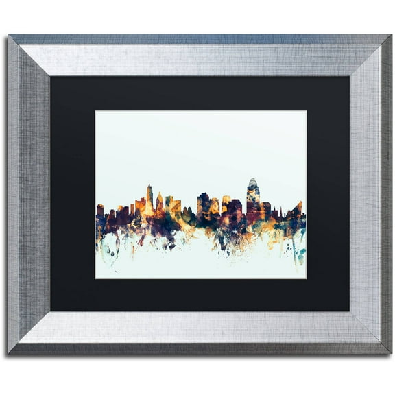 Trademark Fine Art "Cincinnati Ohio Skyline Blue" Canvas Art by Michael Tompsett, Black Matte, Silver Frame