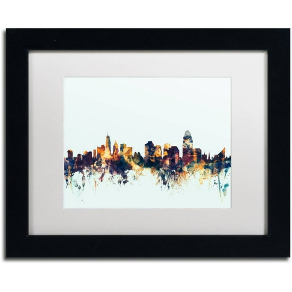 Trademark Fine Art "Cincinnati Ohio Skyline Blue" Canvas Art by Michael Tompsett, White Matte, Black Frame