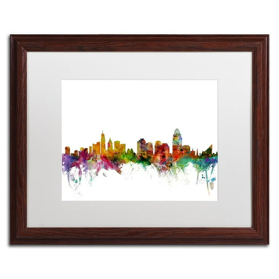 Trademark Fine Art 'Cincinnati Ohio Skyline' Canvas Art by Michael Tompsett, White Matte, Wood Frame
