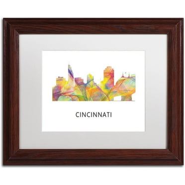 Trademark Fine Art 'Cincinnati Ohio Skyline WB-1' Canvas Art by Marlene Watson, White Matte, Wood Frame