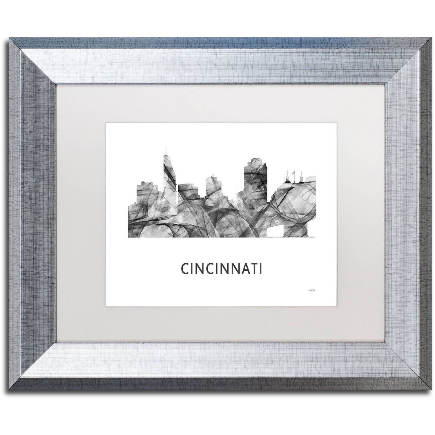 Trademark Fine Art 'Cincinnati Ohio Skyline WB-BW' Canvas Art by Marlene Watson, White Matte, Silver Frame