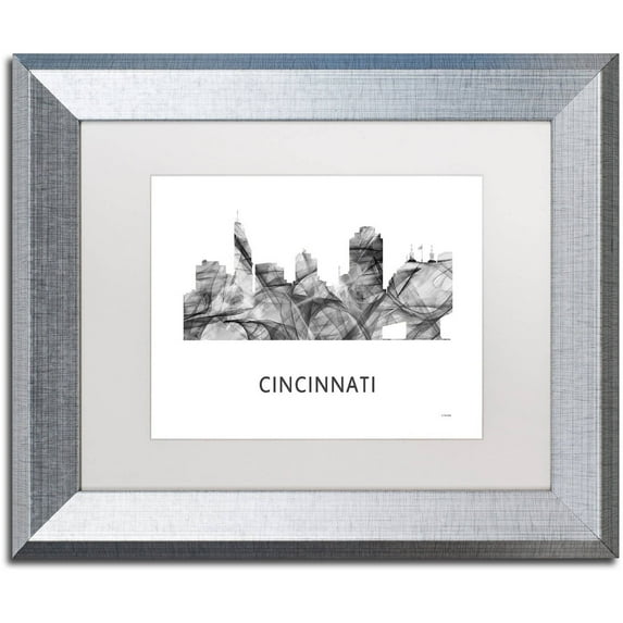 Trademark Fine Art 'Cincinnati Ohio Skyline WB-BW' Canvas Art by Marlene Watson, White Matte, Silver Frame