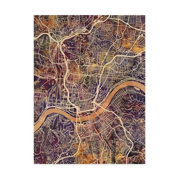 Trademark Fine Art Cityscape Canvas Art ' Cincinnati Ohio City Map II ' by Michael Tompsett