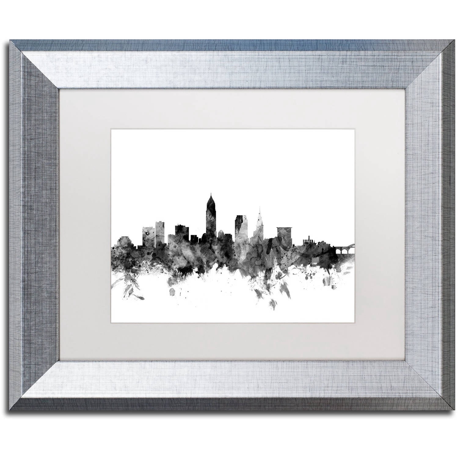 Trademark Fine Art 'Cleveland Ohio Skyline B&W' Canvas Art by Michael Tompsett White Matte, Silver Frame