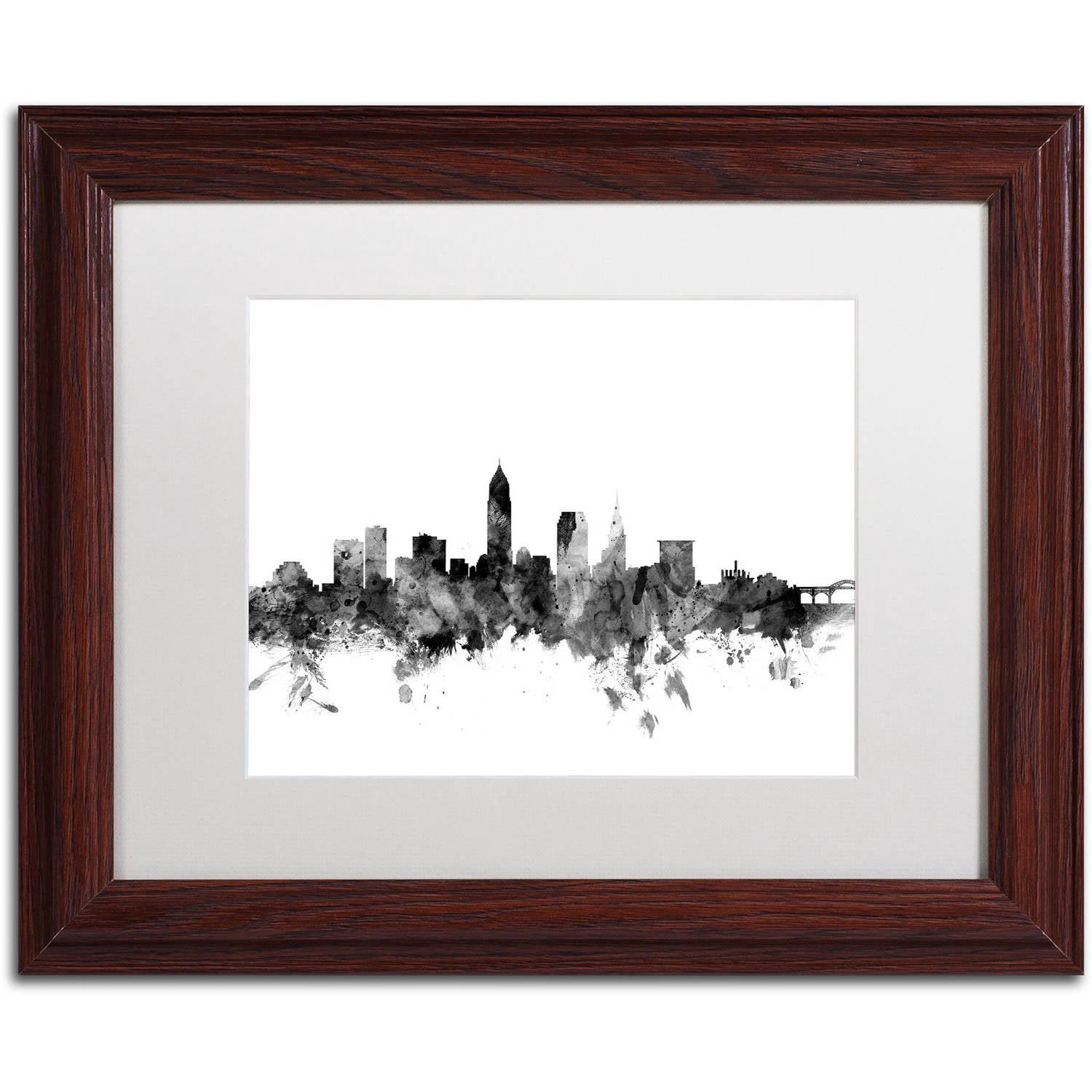 Trademark Fine Art 'Cleveland Ohio Skyline B&W' Canvas Art by Michael Tompsett White Matte, Wood Frame